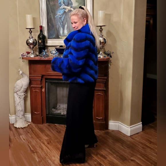 NWT Brilliant Sapphire Blue & Black Rex Chinchilla Fur Coat L/XL - Picture 15 of 17